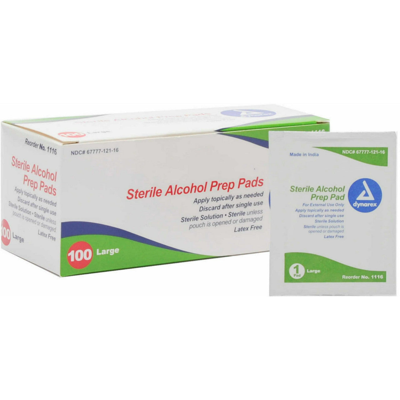 Dynarex Sterile Alcohol Prep Pads, Latex Free, Large Size - 100 Ea